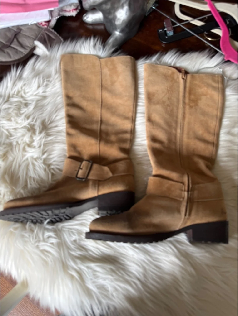 Sundance Tan Suede Knee High Boots with Buckle Detail